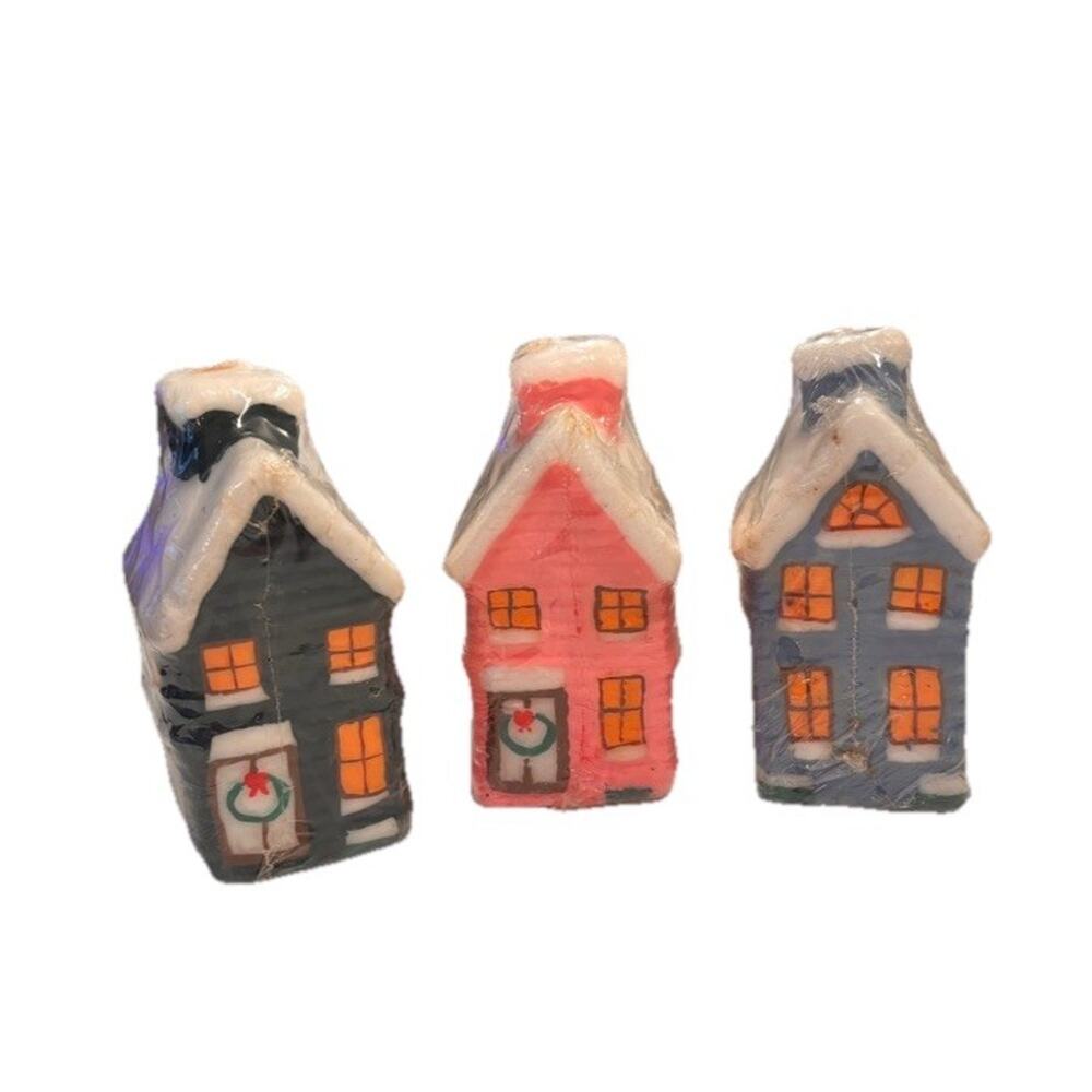 3 Vintage Christmas Candle Hand Painted Wax House Jasco Christmasville Bake Shop